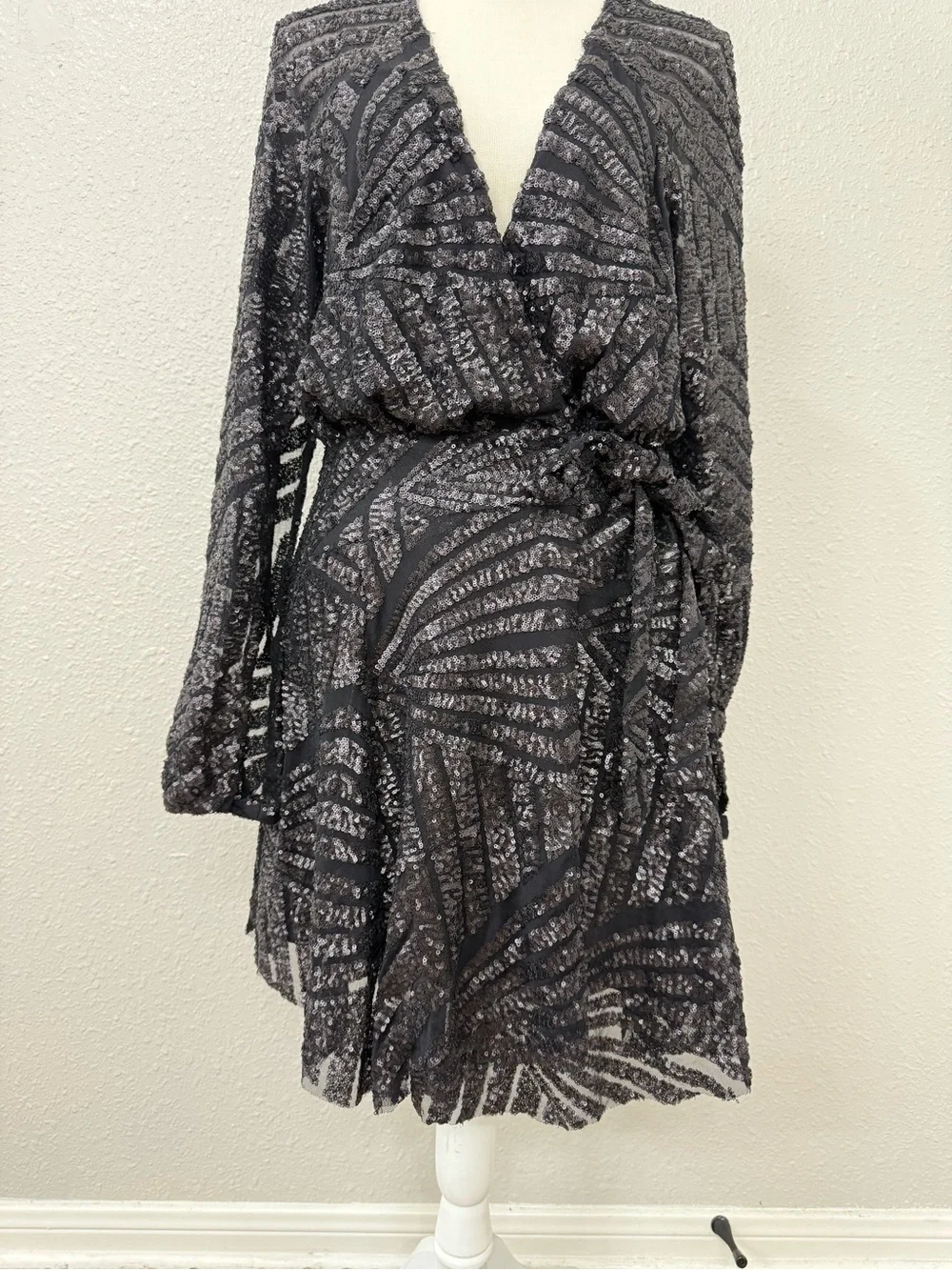 Free People Tiger Eyes Muted Charcoal Sequin Side Tie Wrap Mini Dress Sz S